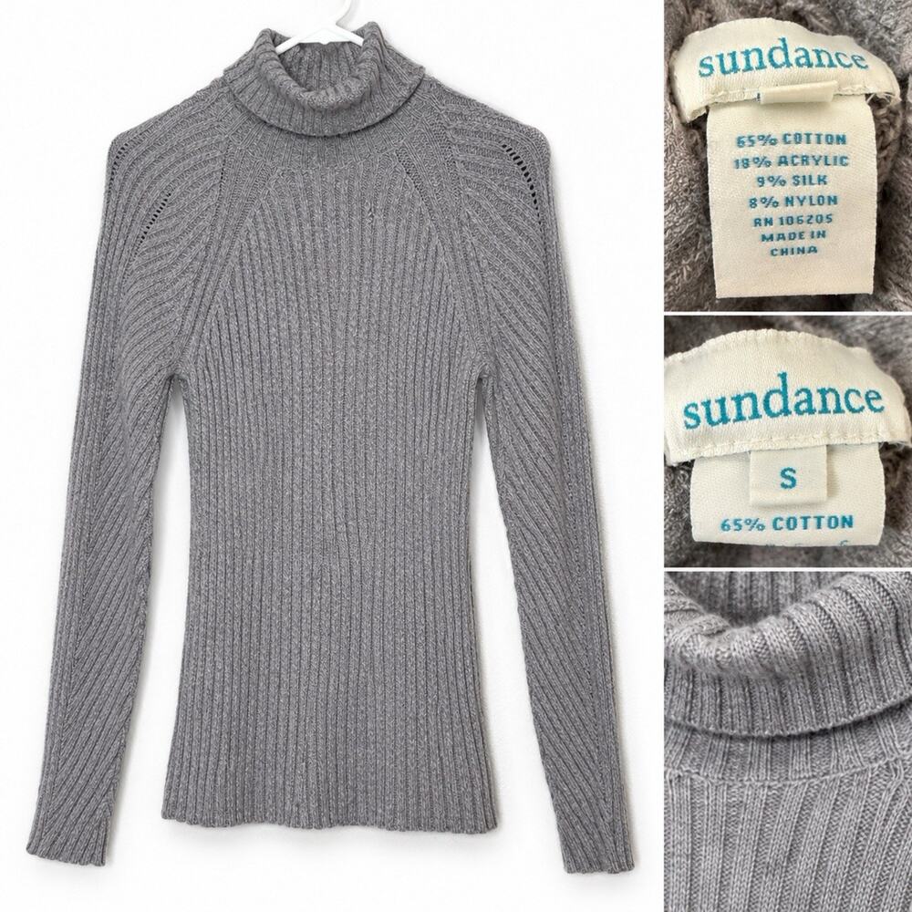 Sundance Sweater Small Gray Ribbed Turtleneck Cotton Silk Blend Knit Long Sleeve